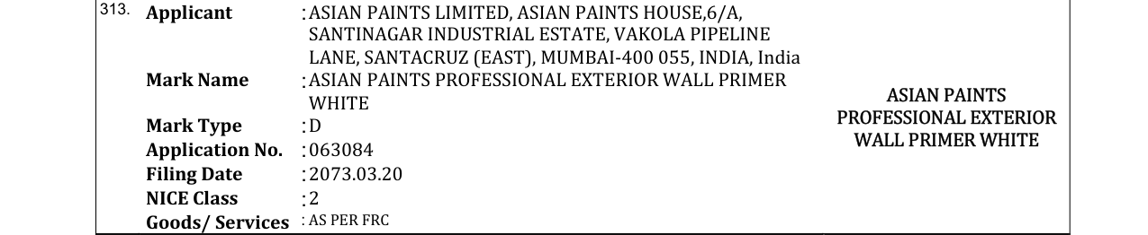 Original bulletin entry for ASIAN PAINTS PROFESSIONAL EXTERIOR WALL PRIMER WHITE ASIAN PAINTS
