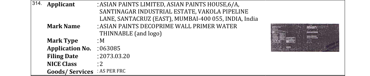 Original bulletin entry for ASIAN PAINTS DECOPRIME WALL PRIMER WATER THINNABLE (and logo)