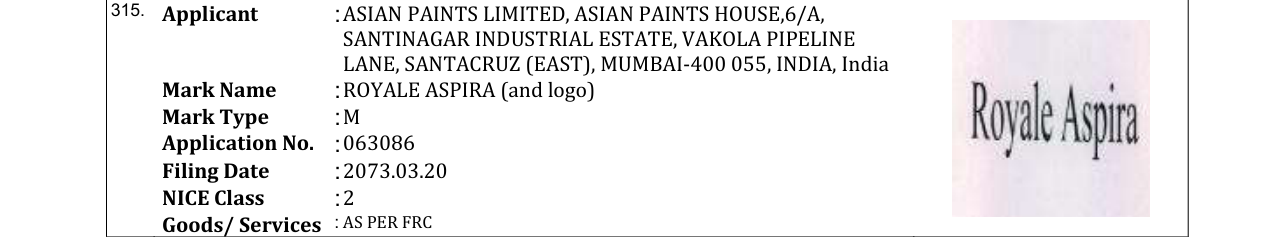 Original bulletin entry for ROYALE ASPIRA (and logo)