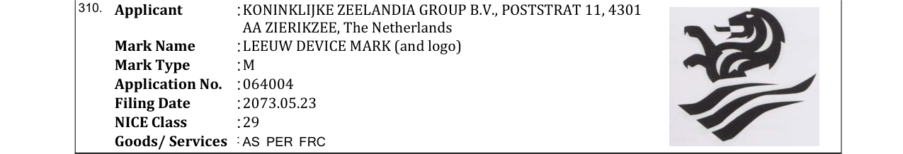 Original bulletin entry for LEEUW DEVICE MARK (and logo)