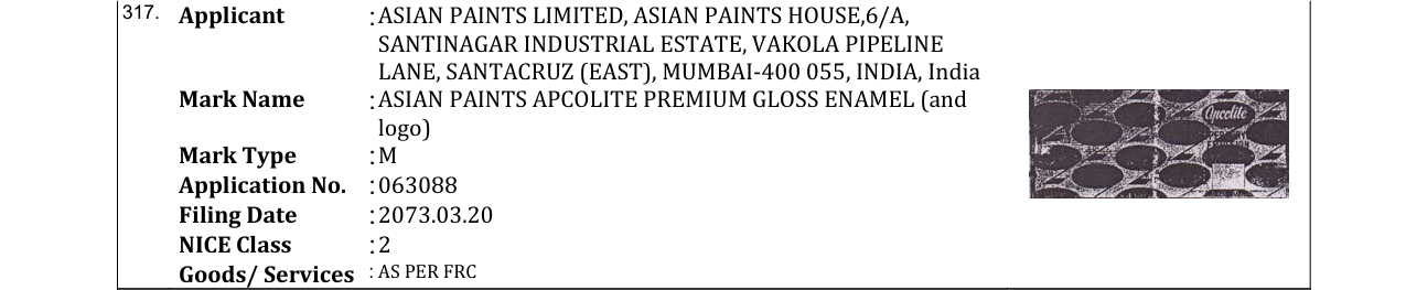 Original bulletin entry for ASIAN PAINTS APCOLITE PREMIUM GLOSS ENAMEL (and logo)