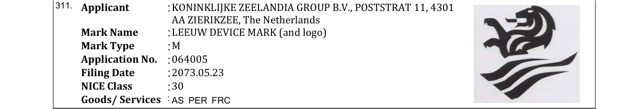 Original bulletin entry for LEEUW DEVICE MARK (and logo)