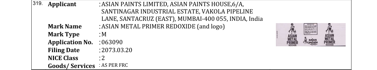 Original bulletin entry for ASIAN METAL PRIMER REDOXIDE (and logo)