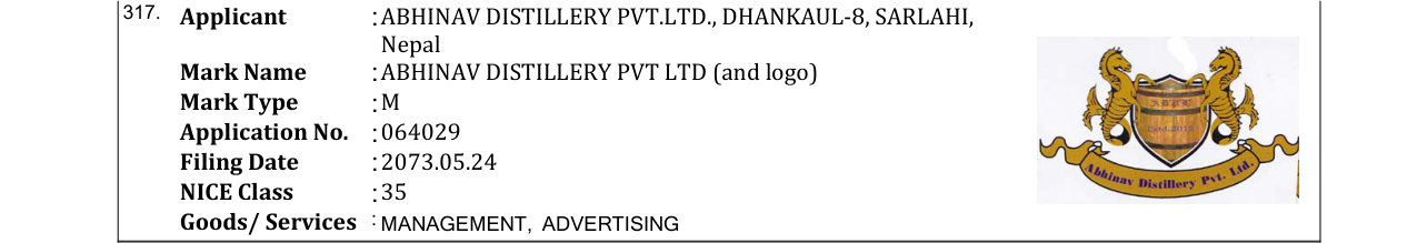 Original bulletin entry for ABHINAV DISTILLERY PVT LTD (and logo)