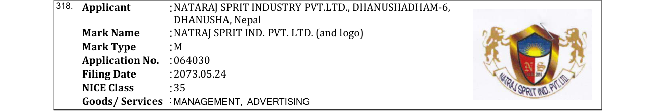 Original bulletin entry for NATRAJ SPRIT IND. PVT. LTD. (and logo)