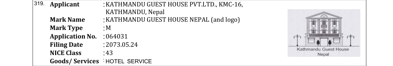 Original bulletin entry for KATHMANDU GUEST HOUSE NEPAL (and logo)