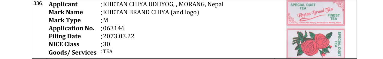Original bulletin entry for KHETAN BRAND CHIYA (and logo)