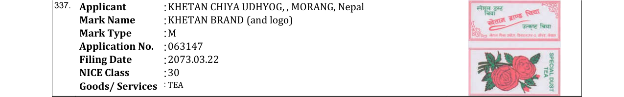 Original bulletin entry for KHETAN BRAND (and logo)