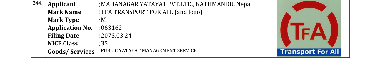 Original bulletin entry for TFA TRANSPORT FOR ALL (and logo)