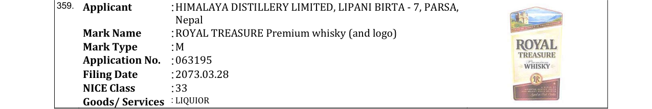 Original bulletin entry for ROYAL TREASURE Premium whisky (and logo)