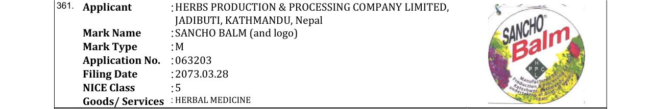 Original bulletin entry for SANCHO BALM (and logo)