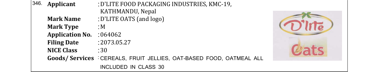 Original bulletin entry for D'LITE OATS (and logo)