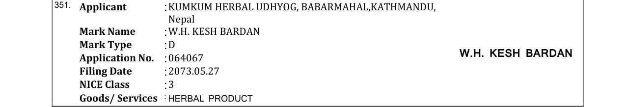 Original bulletin entry for W.H. KESH BARDAN