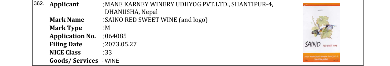 Original bulletin entry for SAINO RED SWEET WINE (and logo)