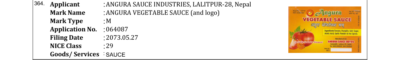 Original bulletin entry for ANGURA VEGETABLE SAUCE (and logo)