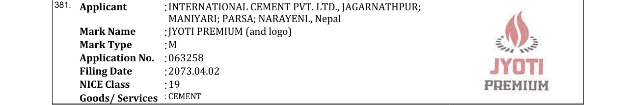 Original bulletin entry for JYOTI PREMIUM (and logo)