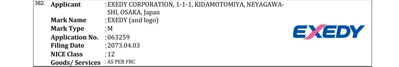 Original bulletin entry for EXEDY (and logo)