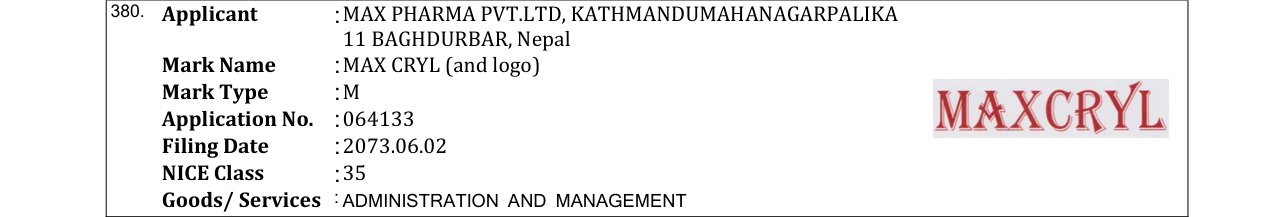 Original bulletin entry for MAX CRYL (and logo)