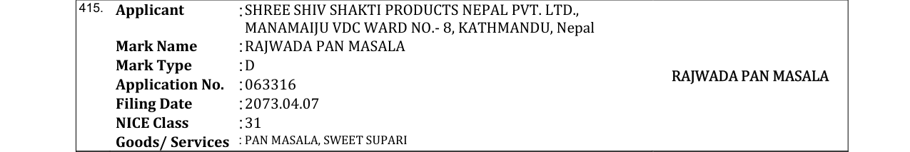 Original bulletin entry for RAJWADA PAN MASALA