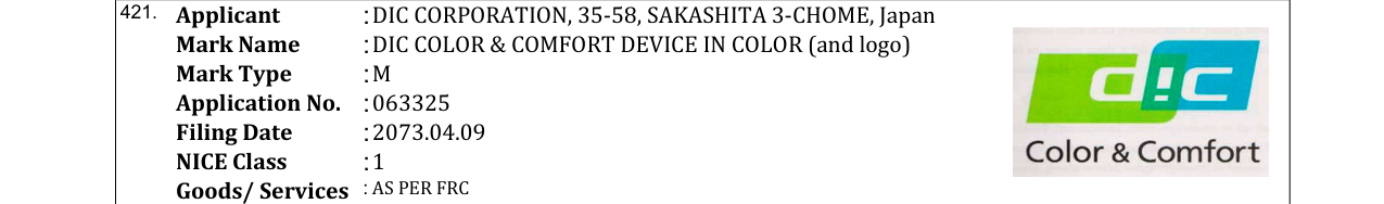 Original bulletin entry for DIC COLOR & COMFORT DEVICE IN COLOR (and logo)