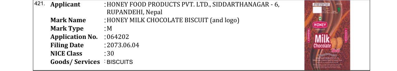 Original bulletin entry for HONEY MILK CHOCOLATE BISCUIT (and logo)