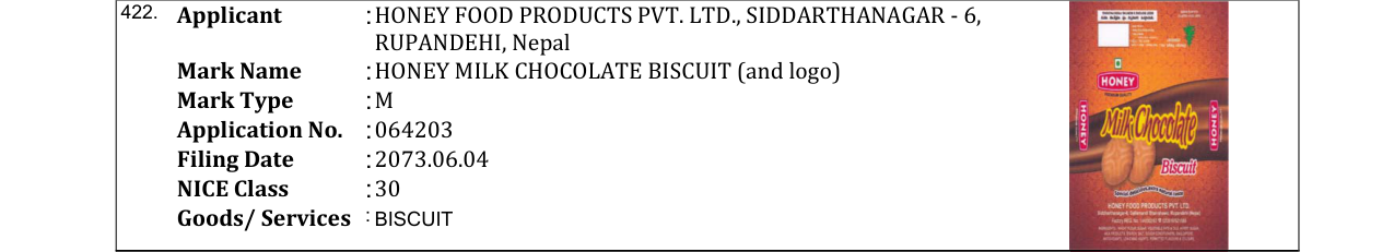 Original bulletin entry for HONEY MILK CHOCOLATE BISCUIT (and logo)