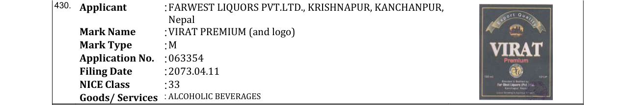Original bulletin entry for VIRAT PREMIUM (and logo)