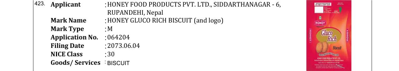 Original bulletin entry for HONEY GLUCO RICH BISCUIT (and logo)