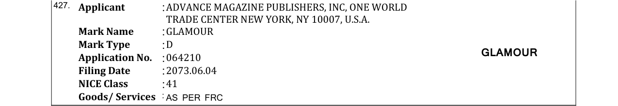 Original bulletin entry for GLAMOUR