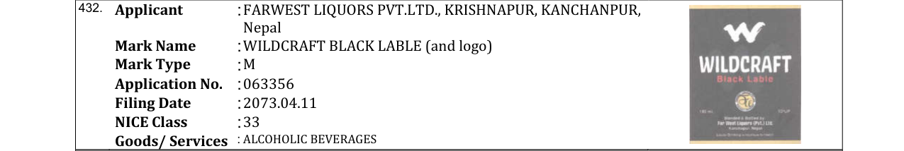 Original bulletin entry for WILDCRAFT BLACK LABLE (and logo)