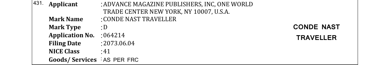 Original bulletin entry for CONDE NAST TRAVELLER