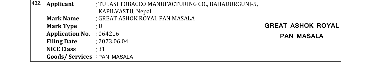 Original bulletin entry for GREAT ASHOK ROYAL PAN MASALA