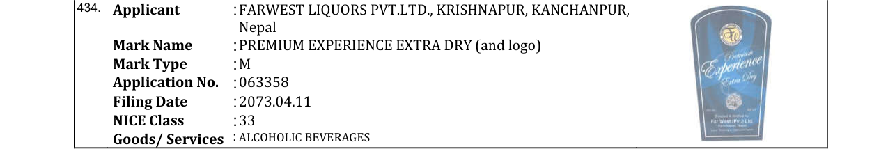 Original bulletin entry for PREMIUM EXPERIENCE EXTRA DRY (and logo)