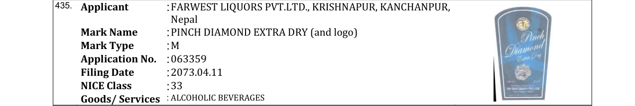 Original bulletin entry for PINCH DIAMOND EXTRA DRY (and logo)