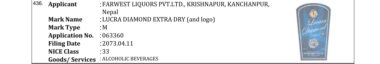 Original bulletin entry for LUCRA DIAMOND EXTRA DRY (and logo)