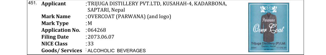 Original bulletin entry for OVERCOAT (PARWANA) (and logo)