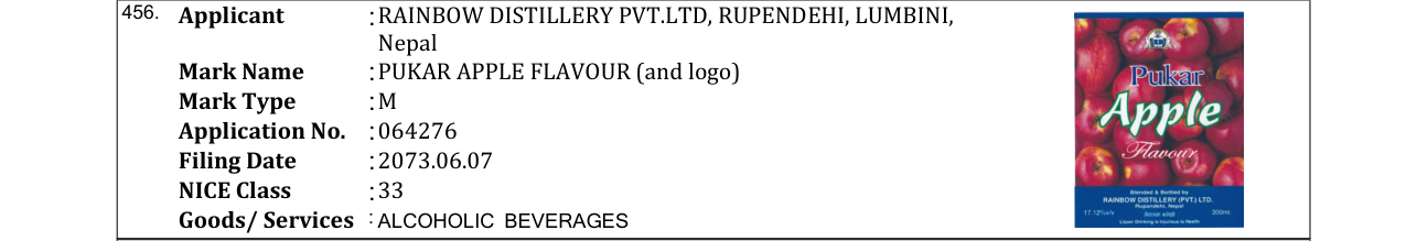 Original bulletin entry for PUKAR APPLE FLAVOUR (and logo)