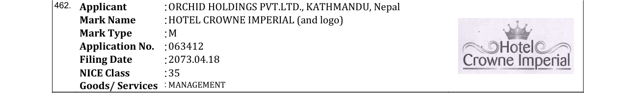 Original bulletin entry for HOTEL CROWNE IMPERIAL (and logo)
