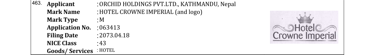 Original bulletin entry for HOTEL CROWNE IMPERIAL (and logo)