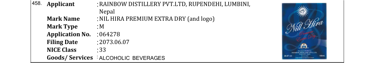 Original bulletin entry for NIL HIRA PREMIUM EXTRA DRY (and logo)