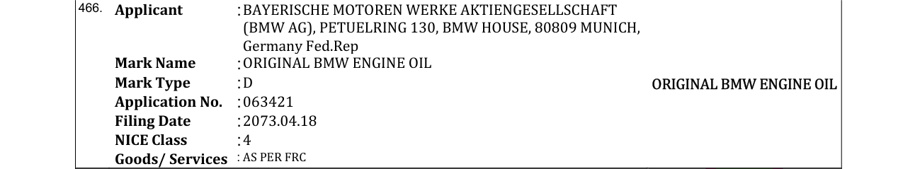 Original bulletin entry for ORIGINAL BMW ENGINE OIL