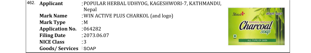 Original bulletin entry for WIN ACTIVE PLUS CHARKOL (and logo)