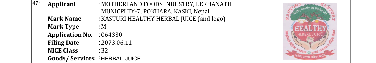 Original bulletin entry for KASTURI HEALTHY HERBAL JUICE (and logo)