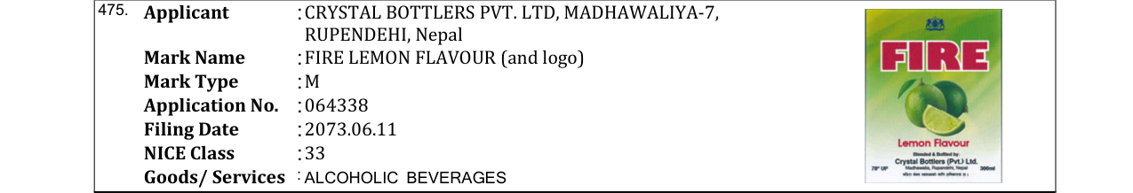 Original bulletin entry for FIRE LEMON FLAVOUR (and logo)