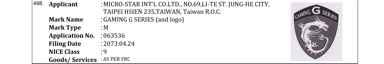 Original bulletin entry for GAMING G SERIES (and logo)