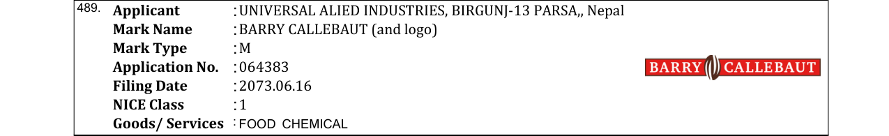 Original bulletin entry for BARRY CALLEBAUT (and logo)