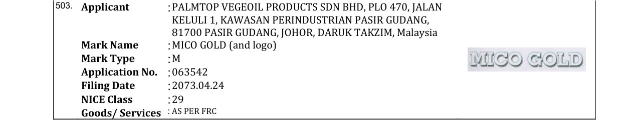 Original bulletin entry for MICO GOLD (and logo)