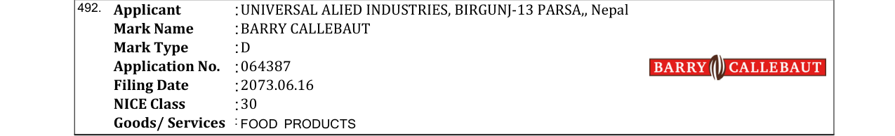 Original bulletin entry for BARRY CALLEBAUT