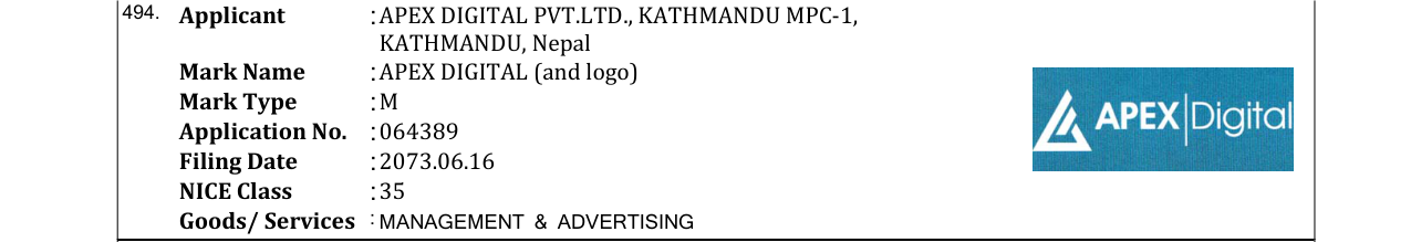 Original bulletin entry for APEX DIGITAL (and logo)