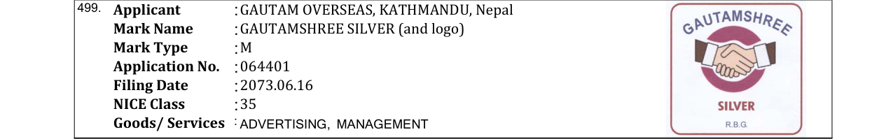 Original bulletin entry for GAUTAMSHREE SILVER (and logo)
